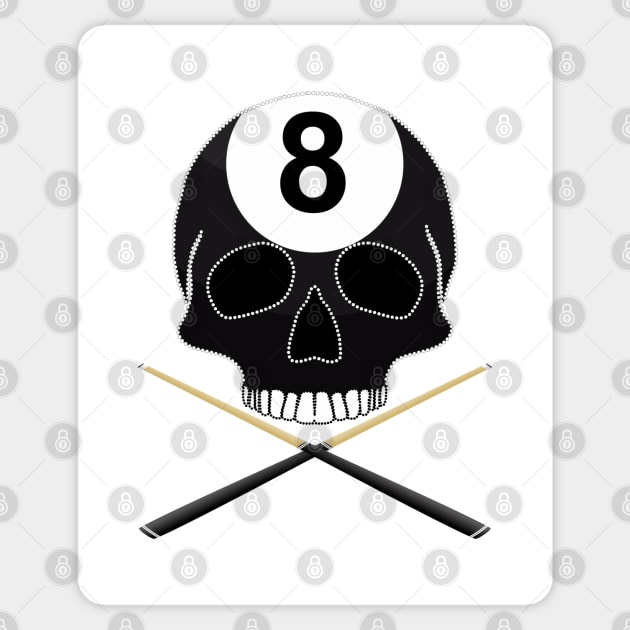 Eight Ball Skull with Crossed Cues Sticker by Nuletto